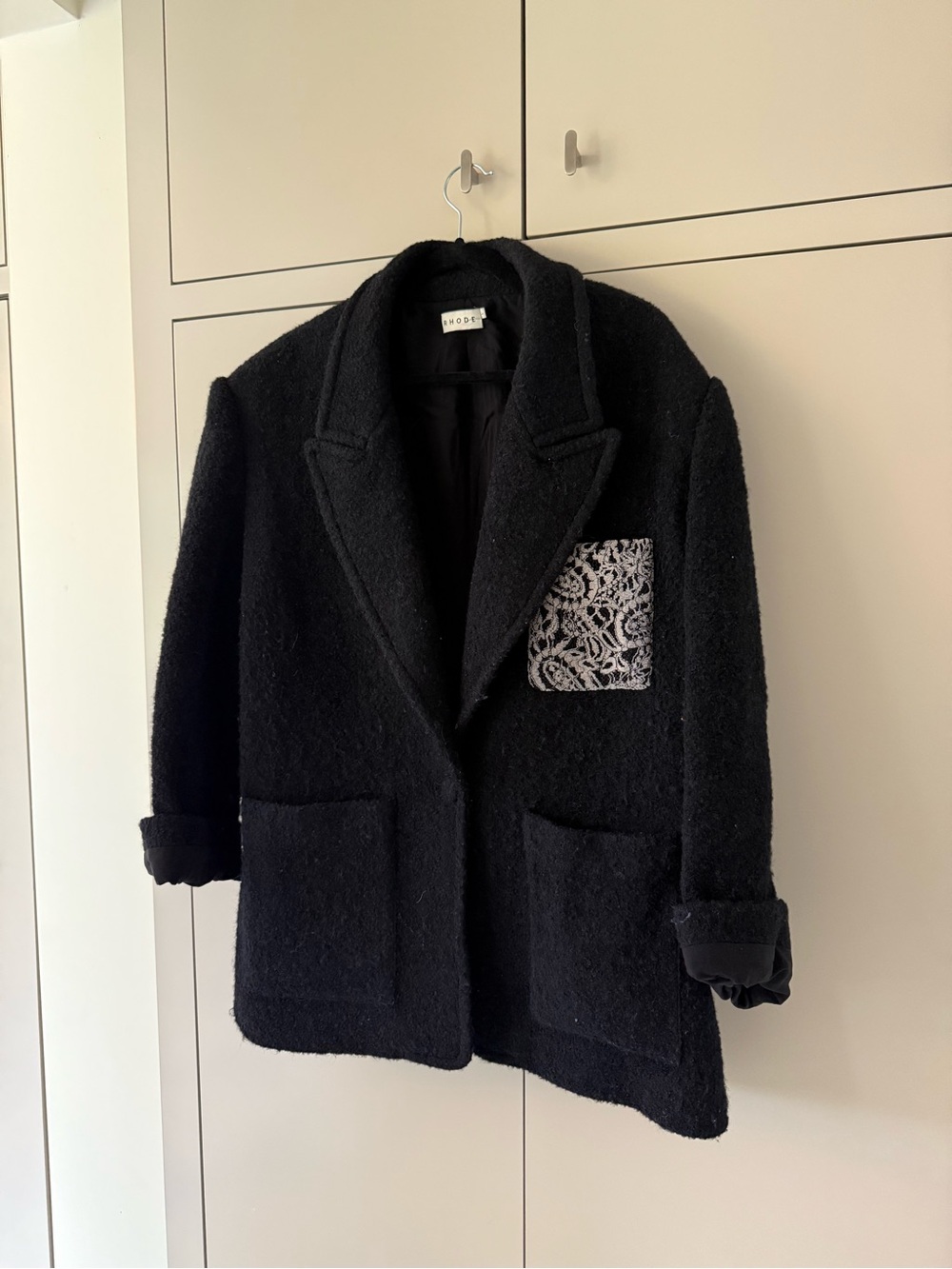 Black Women's RHODE Wool Coat with Patterned Pocket Pocket